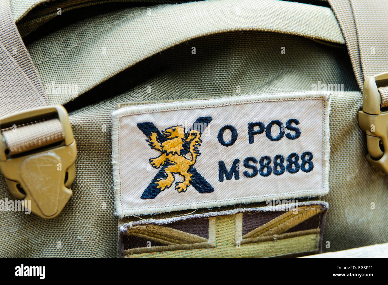 Bangor, Irlanda del Nord. 18 Feb 2015 - Badge di un soldato dal Royal Scots Reggimento con il suo tipo di sangue. Credito: Stephen Barnes/Alamy Live News Foto Stock