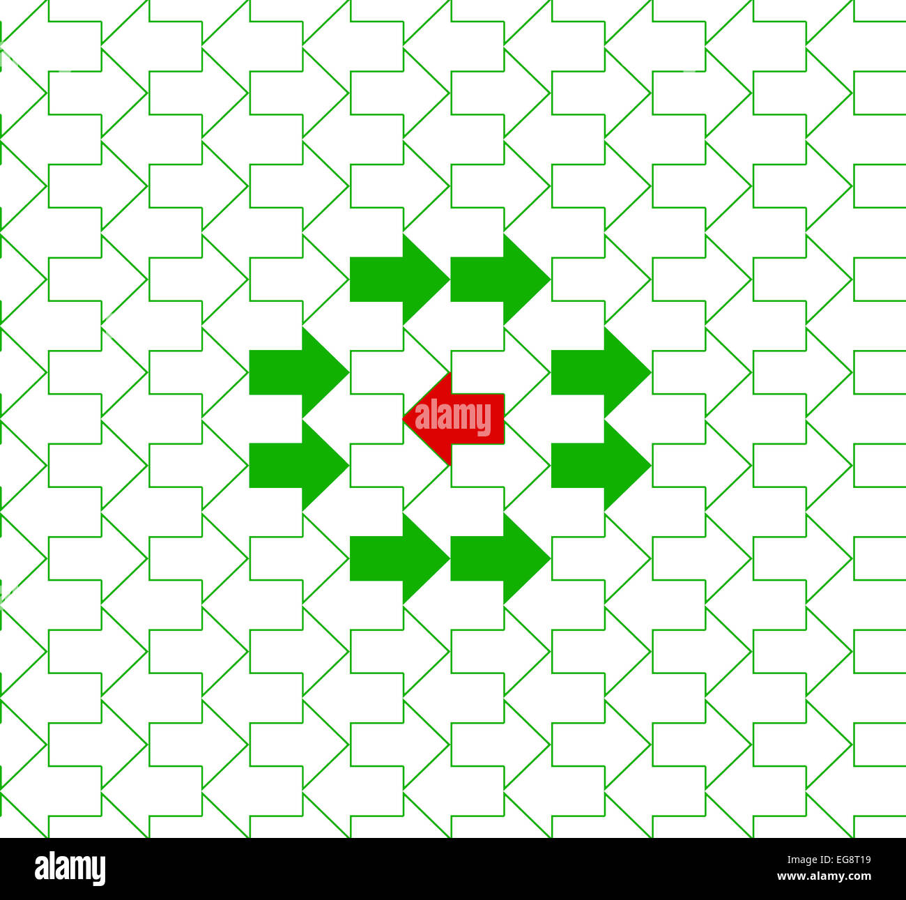Delineate le frecce che puntano in direzioni opposte, con più solido quelle verde e uno rosso; nozione di individualità o esclusivo Foto Stock Delineate le frecce che puntano in direzioni opposte, con più solido quelle verde e uno rosso; nozione di individualità o esclusivo Foto Stock