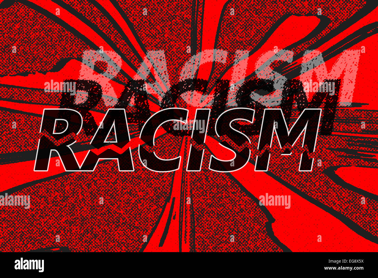 Parola del razzismo in diverse tonalità, presentando i diversi livelli di esso, con una rotta in pezzi - Nozione di fine di razzismo - su rosso Foto Stock