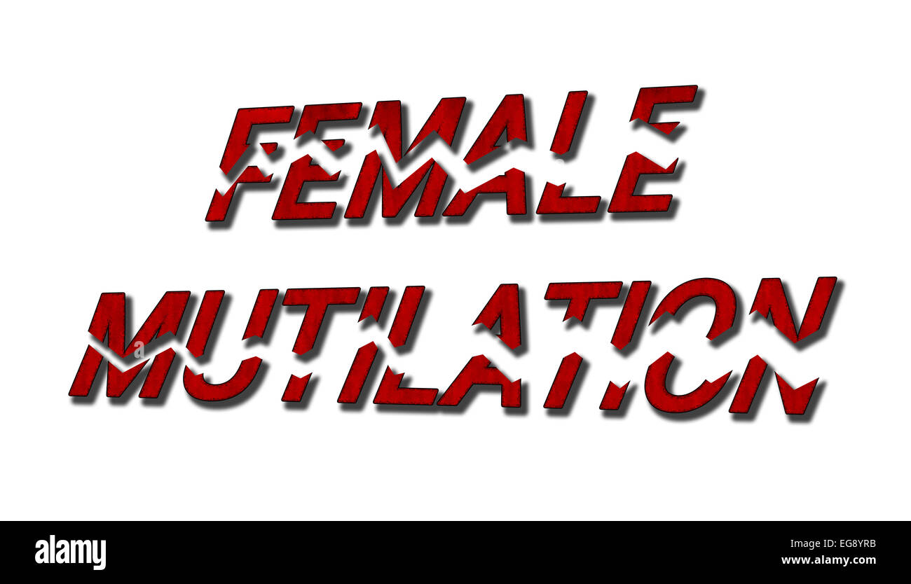 Mutilazione femminile - sangue testo rosso frantumato - Concetto di arresto di mutilazione femminile Foto Stock