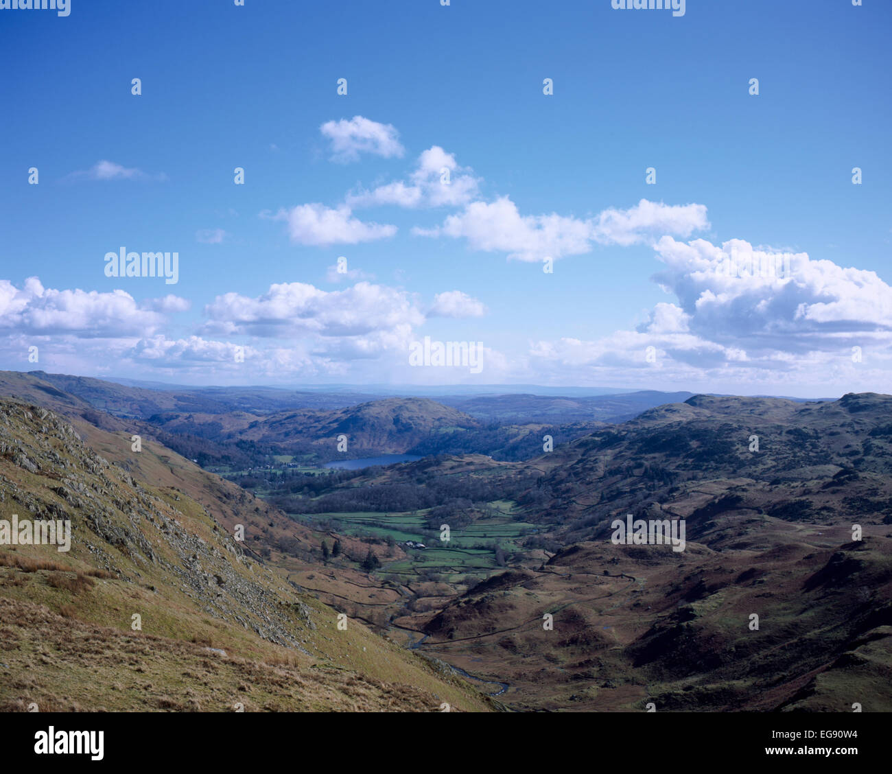 Grasmere e signore roccioso dal crinale tra il timone e la rupe di Gibson Knott Grasmere Lake District Cumbria Inghilterra England Foto Stock