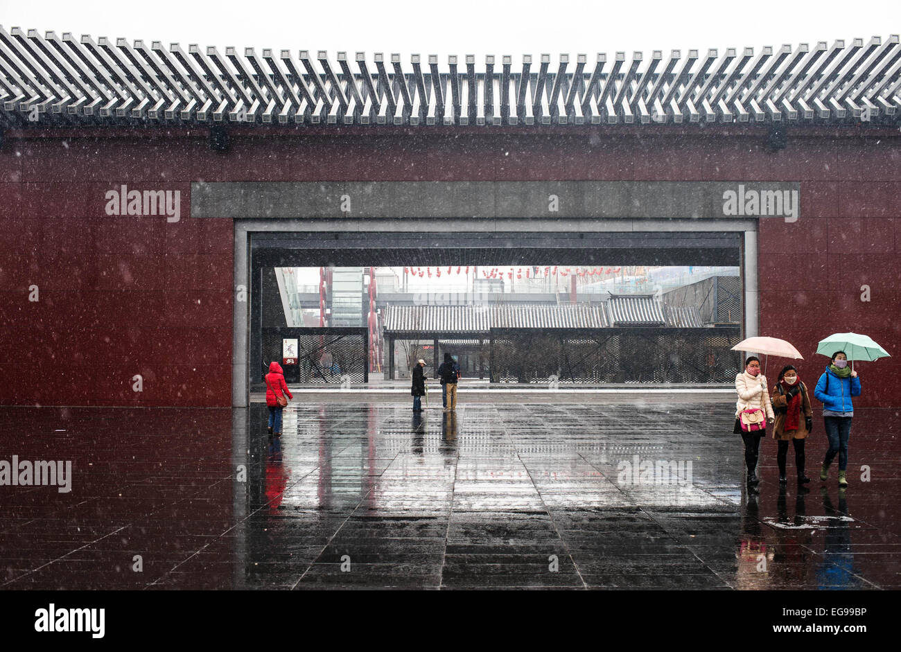 Pechino, Cina. Xx Febbraio 2015. La gente a piedi nella neve presso il Parco Olimpico di Pechino, capitale della Cina, il 20 febbraio, 2015. Una nevicata ha colpito la città dal giovedì pomeriggio. Credito: Zhang Yu/Xinhua/Alamy Live News Foto Stock