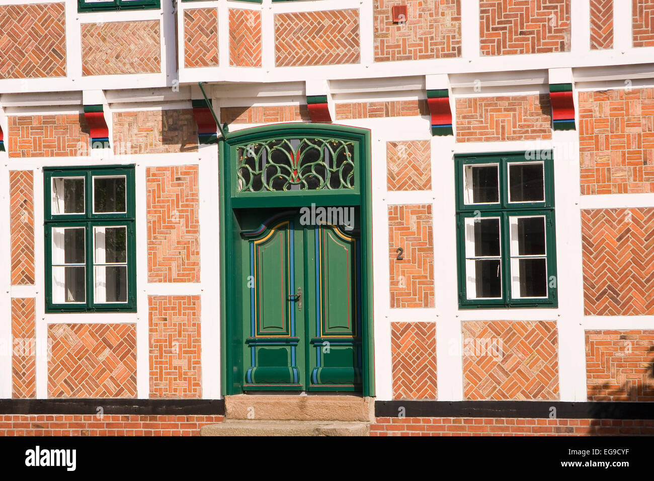 Facciata di una casa in legno e muratura a Jork, Altes Land Bassa Sassonia, Germania, Europa Foto Stock