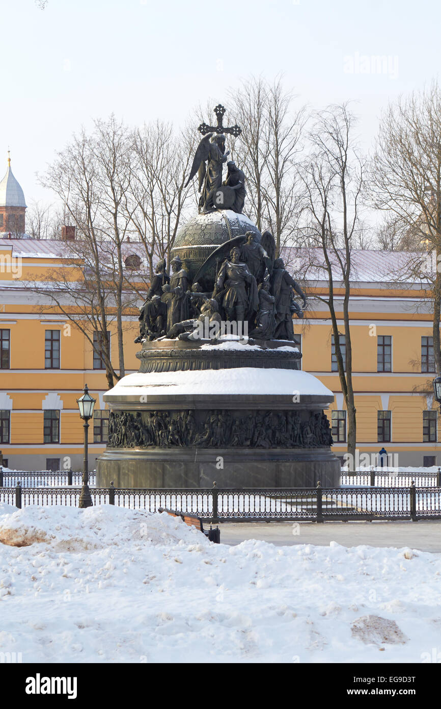 Monumento del millennio del battesimo della Russia, Veliky Novgorod inverno Foto Stock