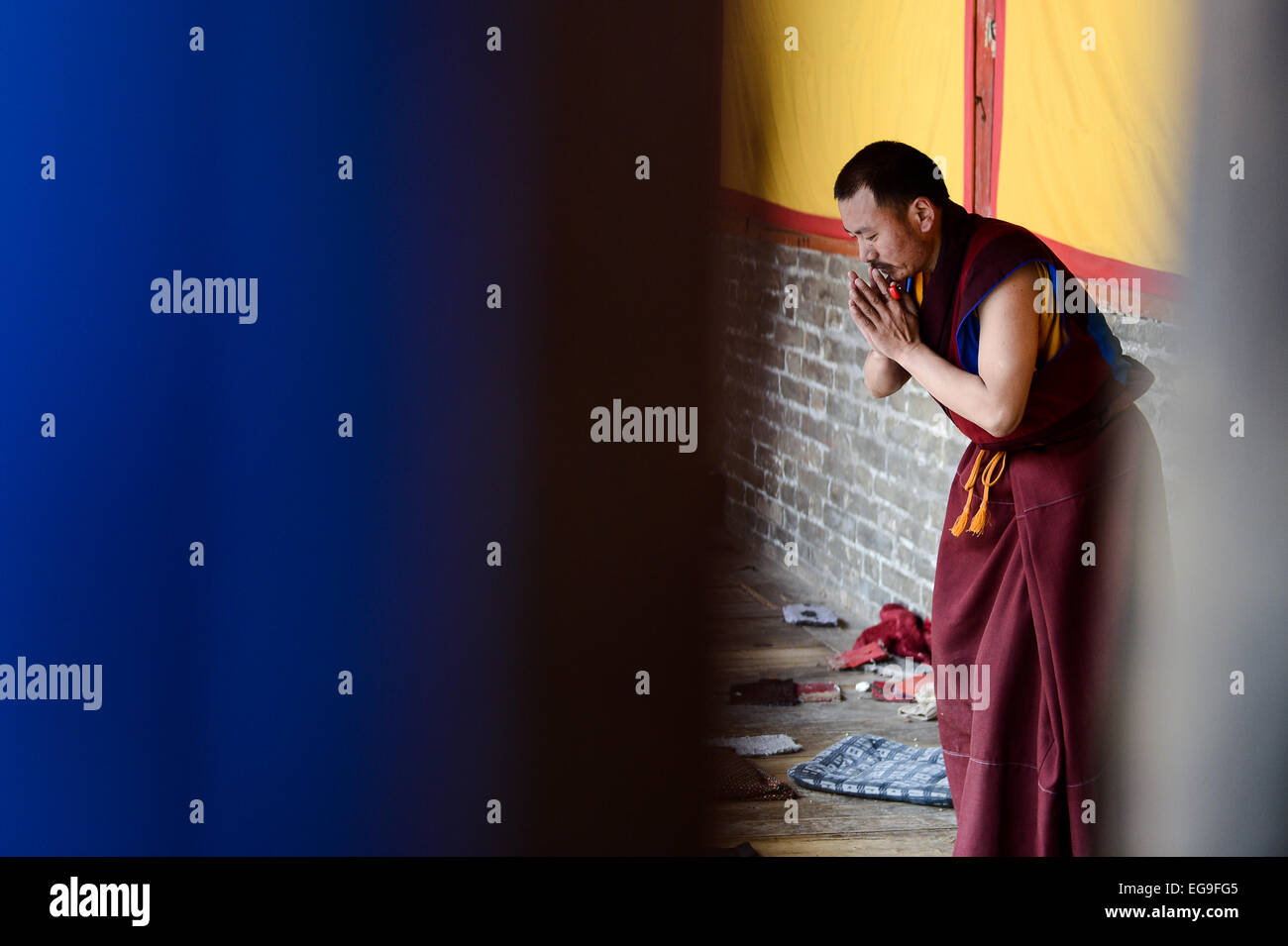 Huangzhong. Xx Febbraio 2015. Un tibetano monaco buddista prega per le benedizioni al monastero Taer Huangzhong nella contea di nord-ovest della Cina di Provincia di Qinghai, Feb 20, 2015. Il nuovo anno sotto il calendario tibetano ha coinciso con il Festival di primavera di quest'anno, che è sceso nel febbraio 19. Taer monastero è il luogo di nascita di Tzong Khapa, fondatore della Geluk Scuola di Buddismo tibetano. Credito: Wu pista/Xinhua/Alamy Live News Foto Stock