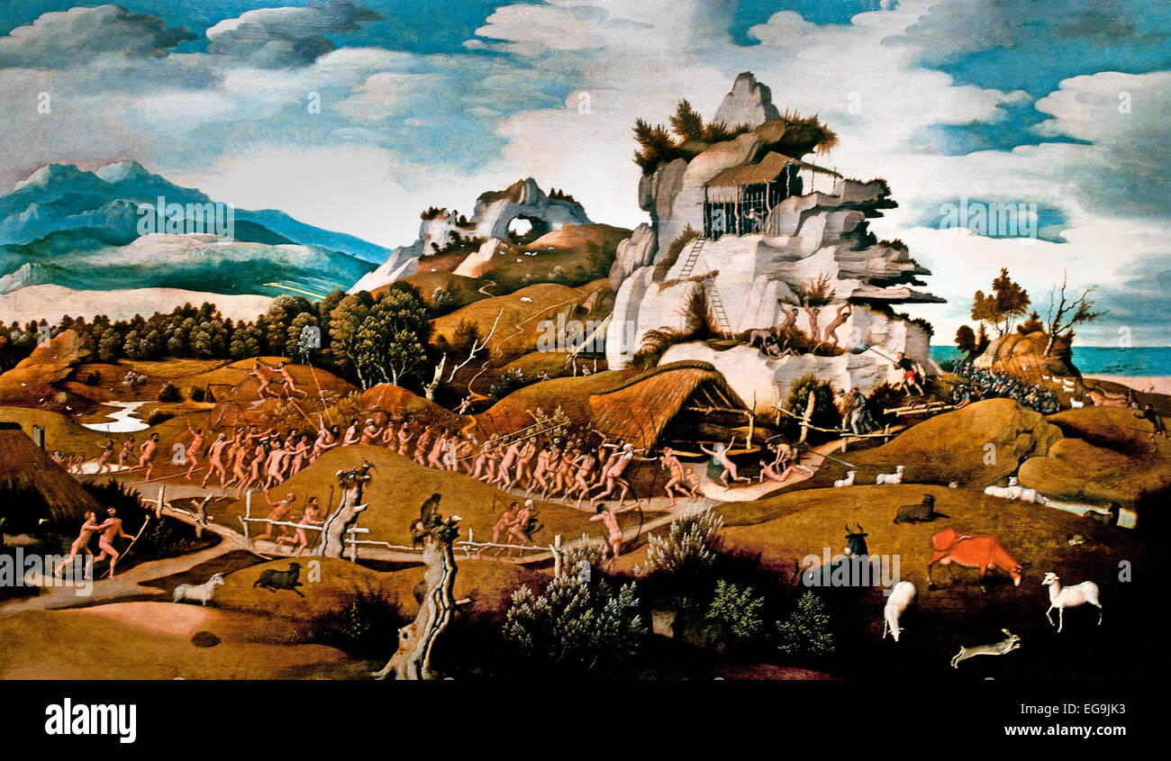 Paesaggio con un episodio da la conquista dell'America 1535 Jan Mostaert . Haarlem 1475-1555/56 Olandese Foto Stock