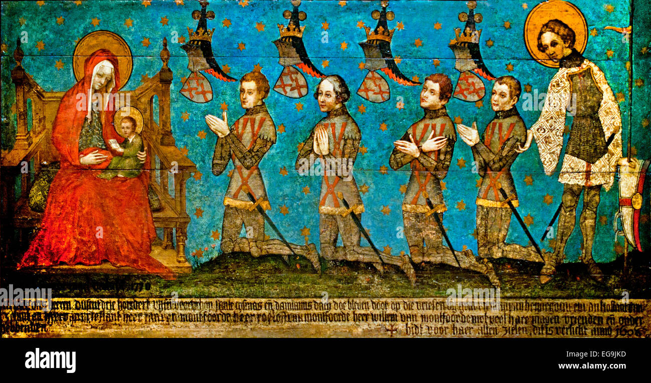 I signori di Montfoort 1400 quattro cavalieri olandese si inginocchia davanti alla Vergine i primi tre sono morti nel 1345 nella battaglia di avverte Foto Stock