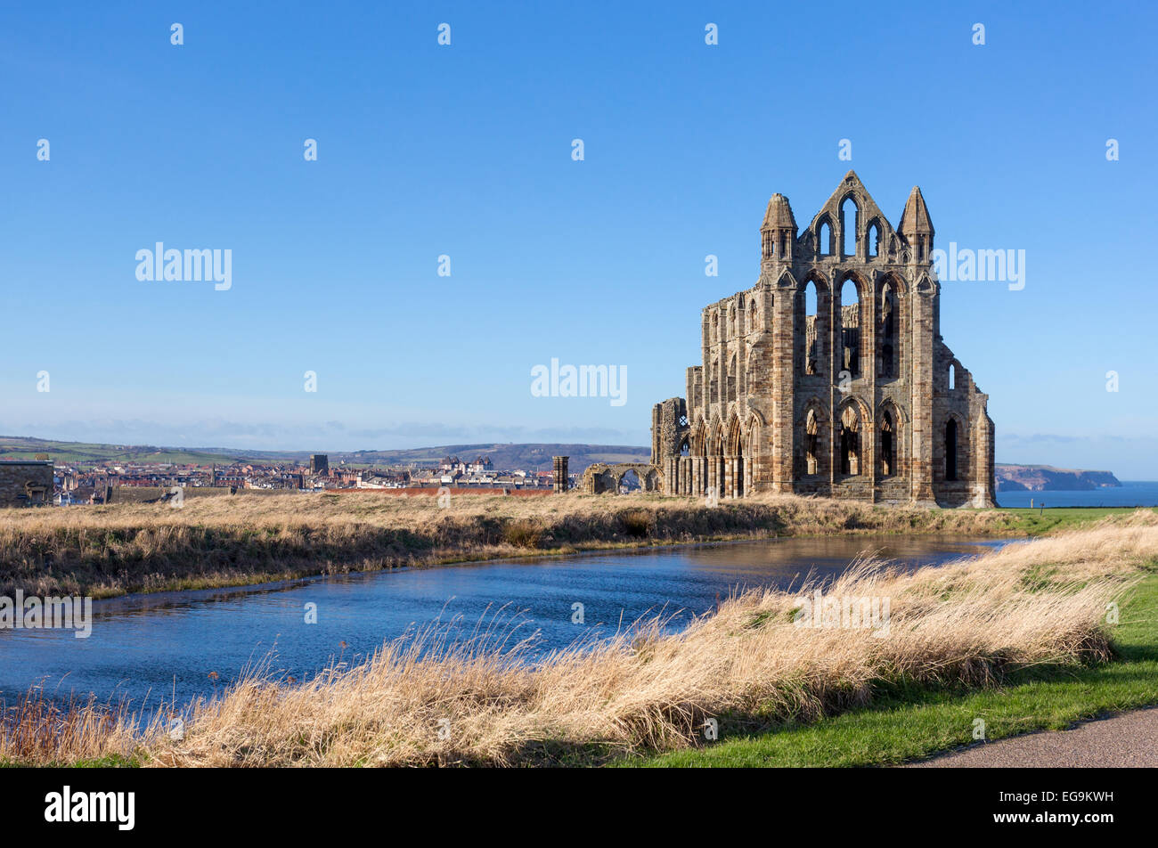 Le rovine di Whitby Abbey nello Yorkshire, Regno Unito, che ha fornito ispirazione per Bram Stoker Dracula del. Foto Stock