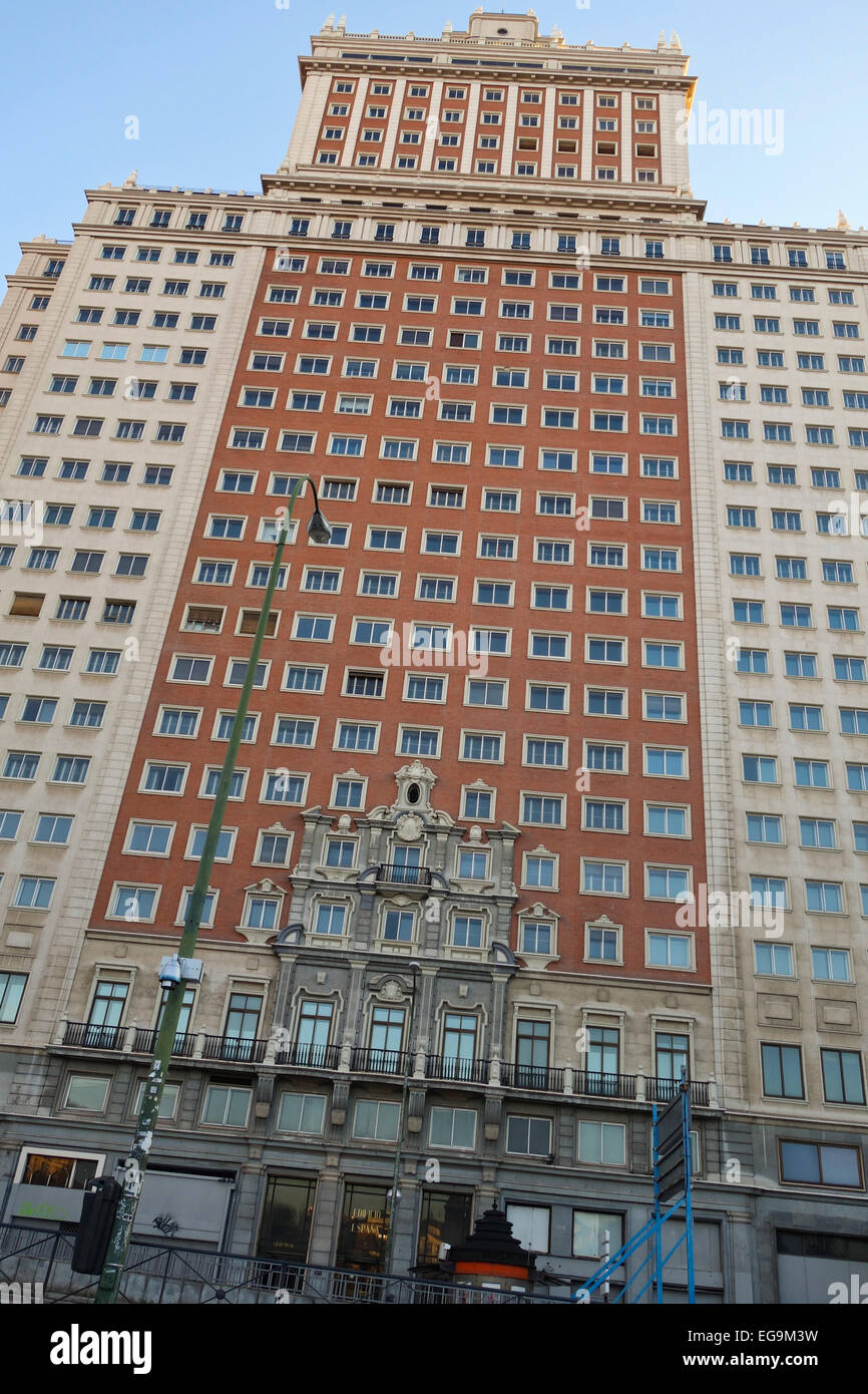 Grattacielo Edificio España, Spagna edificio a Gran Via, Plaza de España, Piazza di Spagna, Madrid, Spagna. Foto Stock