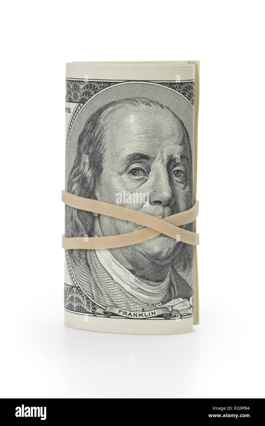 Mazzetto di centinaia di fatture del dollaro legata con rubberband Foto Stock