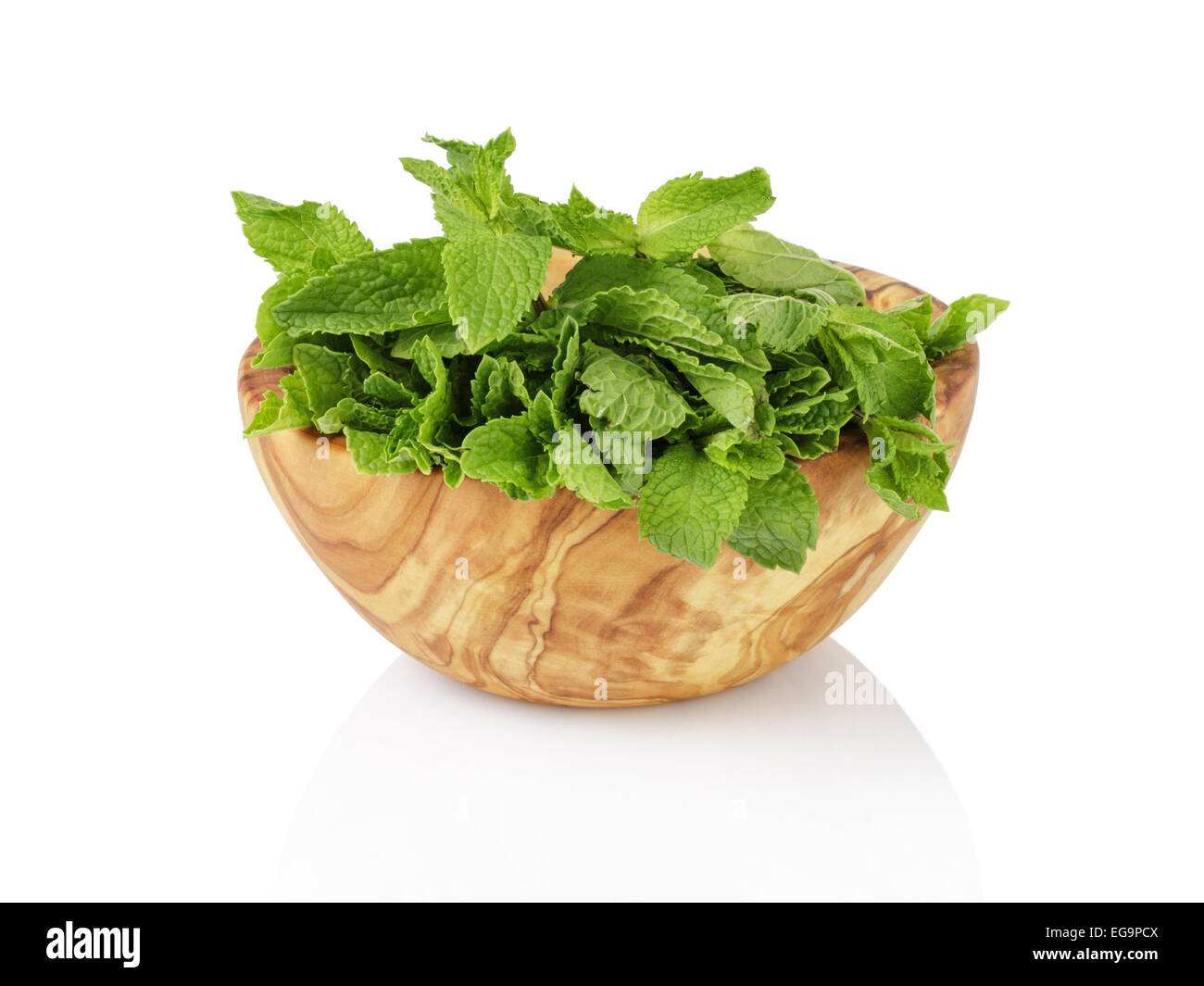 Mazzetto di menta romana fresca nella ciotola di legno isolato su bianco Foto Stock