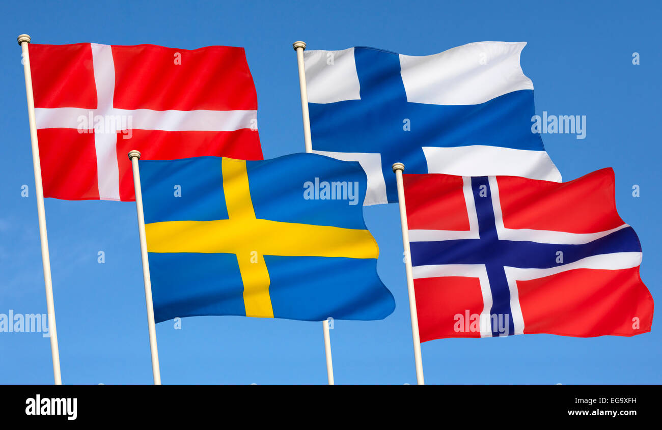 Le bandiere della Scandinavia Foto Stock