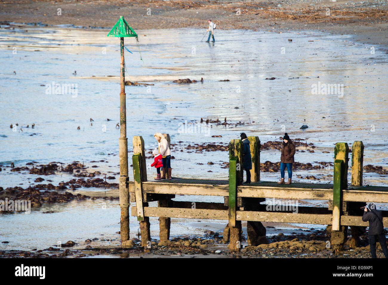 Aberystwyth, Wales, Regno Unito. Xx Febbraio, 2015. Una estrema bassa marea al mare in Aberystwyth, come la combinazione di sole e di luna posizioni producono un insolito 0.0m (punto zero zero) bassa marea, il minimo possibile di marea, rivelando vaste distese della foreshore normalmente coperti dall'acqua. La gente a prendere questa rara oppoprtunity per esplorare e fotografare in precedenza gli aspetti invisibili del litorale Credito: keith morris/Alamy Live News Foto Stock