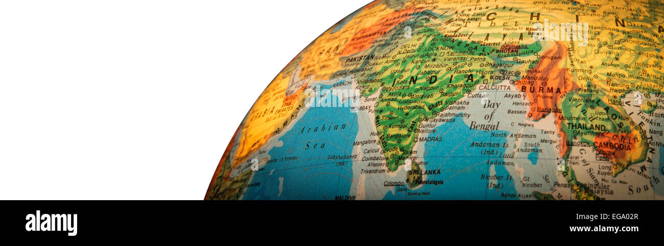 Una visione illuminata del sub-continente indiano isolata contro uno sfondo bianco. Foto Stock