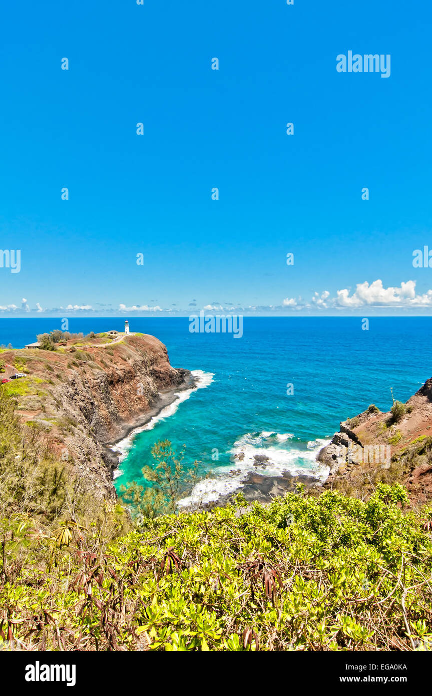 Il Kilauea lighthouse guida settentrionale nell isola di Kauai con calma il mare in background Foto Stock