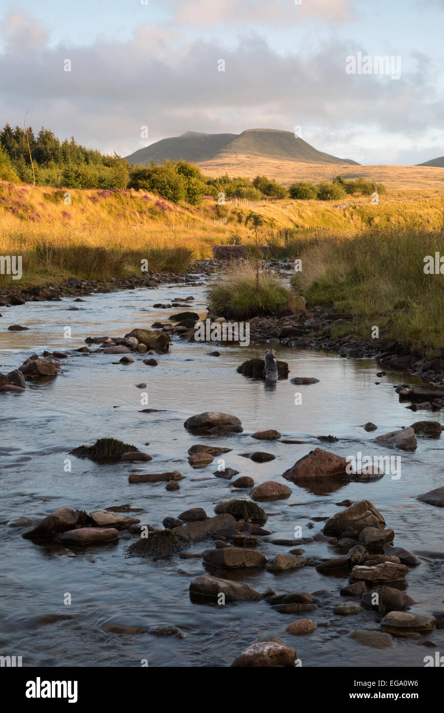 Il Fiume Usk e Montagna Nera, vicino Llanddeusant, Parco Nazionale di Brecon Beacons, Carmarthenshire, Wales, Regno Unito, Europa Foto Stock