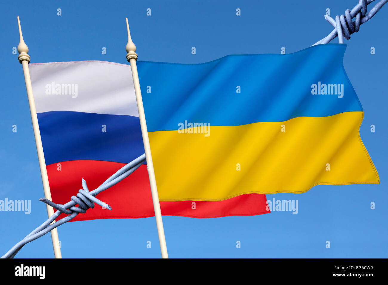 Le bandiere della Russia e dell' Ucraina Foto Stock