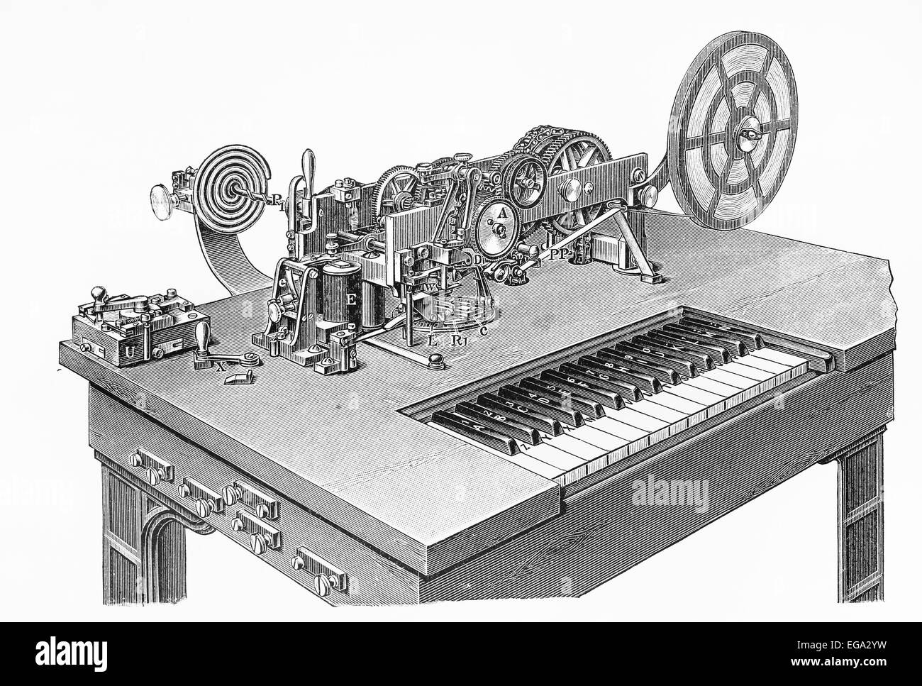 Vintage del XIX secolo di disegno di un Hughes codice Morse/macchina telegrafo Foto Stock