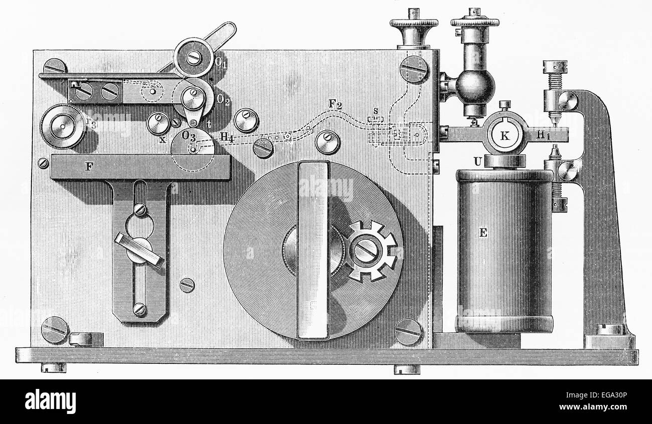 Vintage del XIX secolo di disegno di un normale inchiostro registratori per un uso a lunga distanza, Morse funzionamento Foto Stock