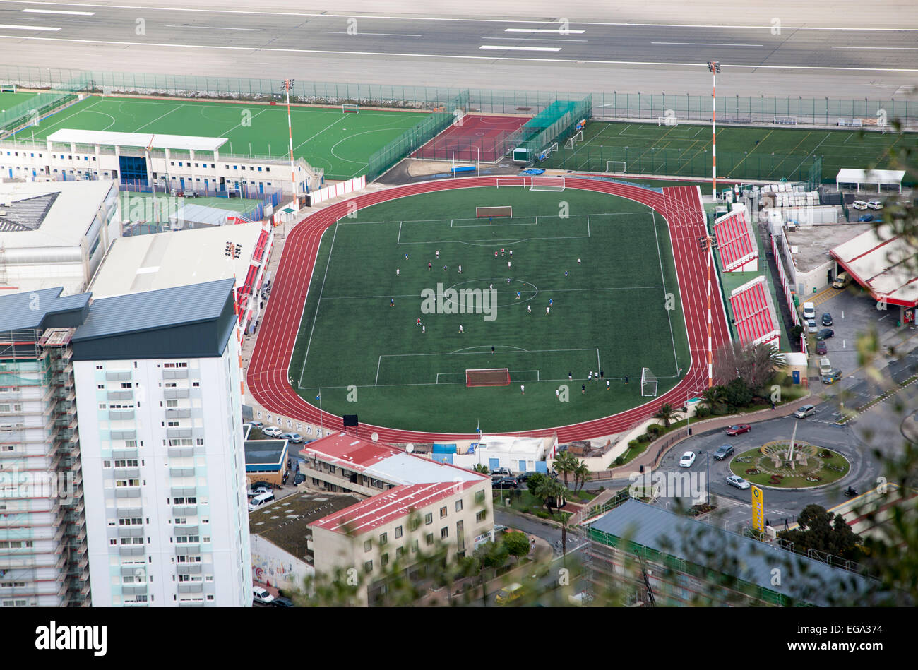 Gibilterra, Territorio britannico in Europa meridionale Victoria stadium fin dal 2014 un luogo di ritrovo per le partite di calcio internazionale Foto Stock