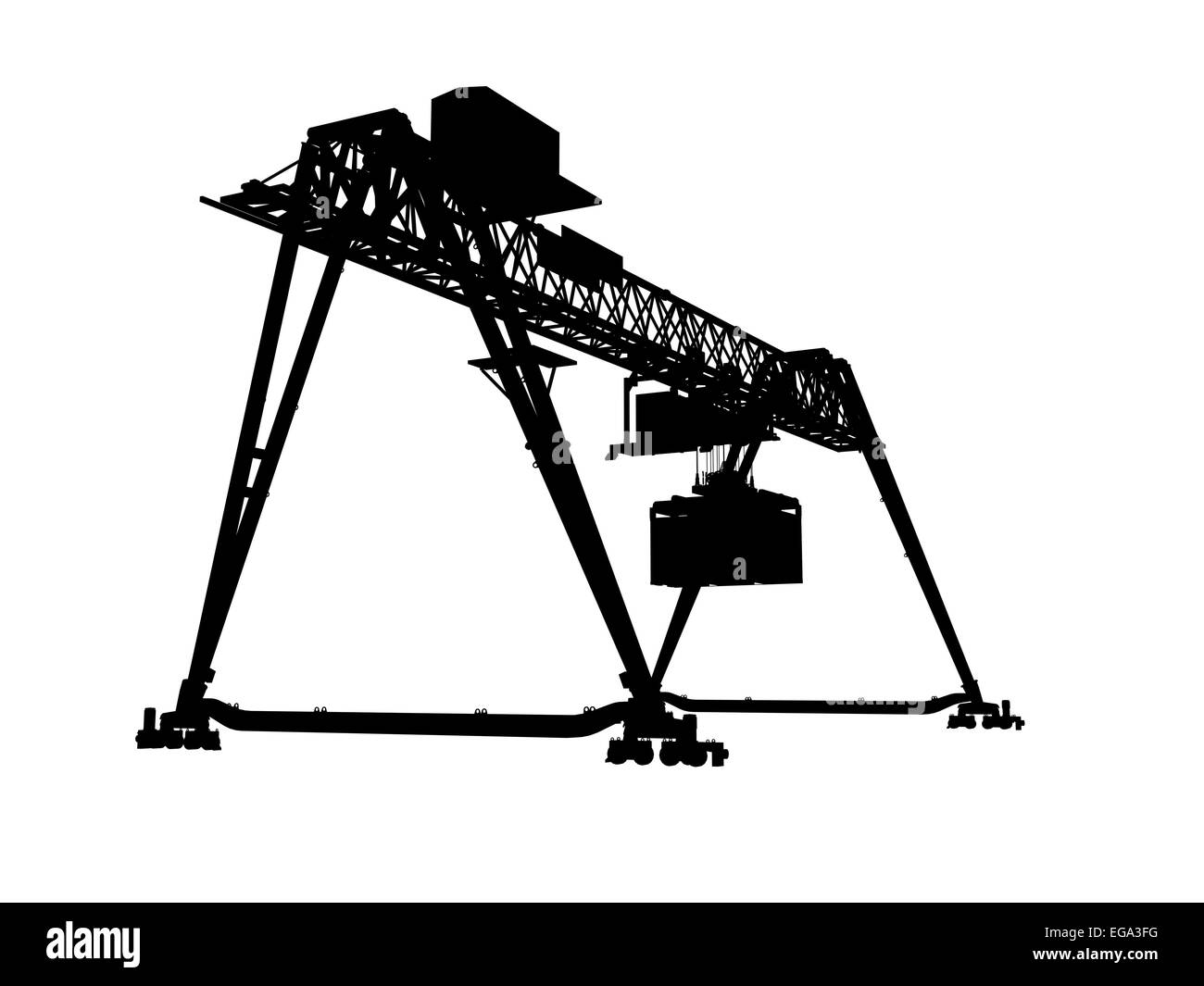 Contenitore a ponte gru del gantry. Silhouette nera isolati su sfondo bianco. Il rendering del modello 3d e l'ampio angolo di prospettiva Foto Stock