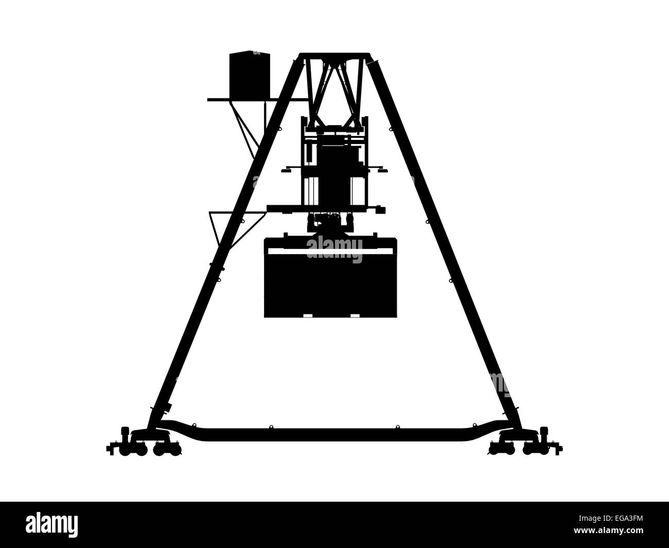 Contenitore a ponte gru del gantry. Silhouette nera isolati su sfondo bianco. Il rendering del modello 3d, vista laterale Foto Stock