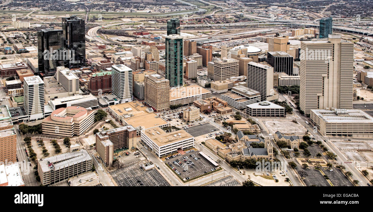 Vista aerea del centro di Fort Worth Texas con vista dei giardini d'acqua Foto Stock