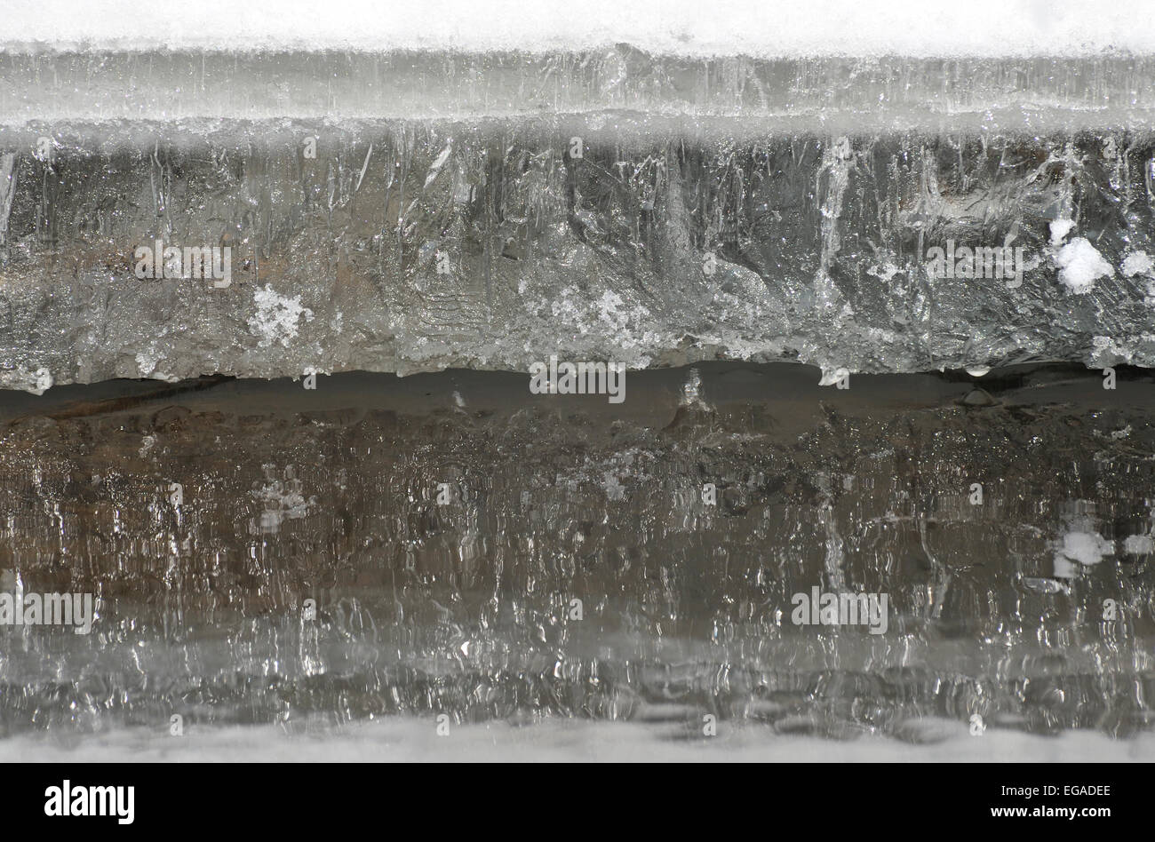 Bordo di uno spesso strato di ghiaccio su un piccolo torrente, Regione Mazovia, Polonia Foto Stock