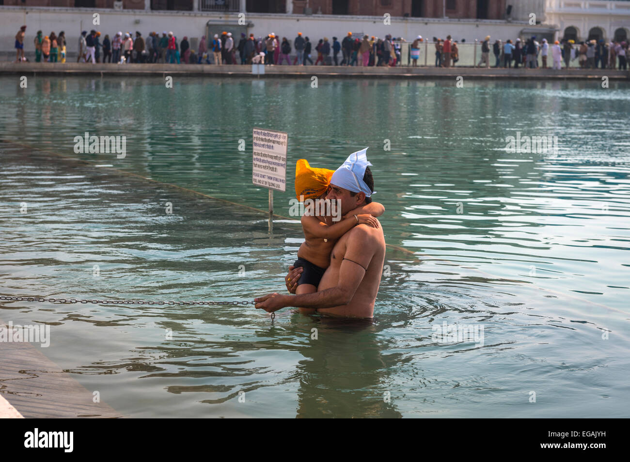 Un padre e il suo giovane figlio immergersi nell'acqua santa del tempio d'oro, Amritsar Punjab, India Foto Stock