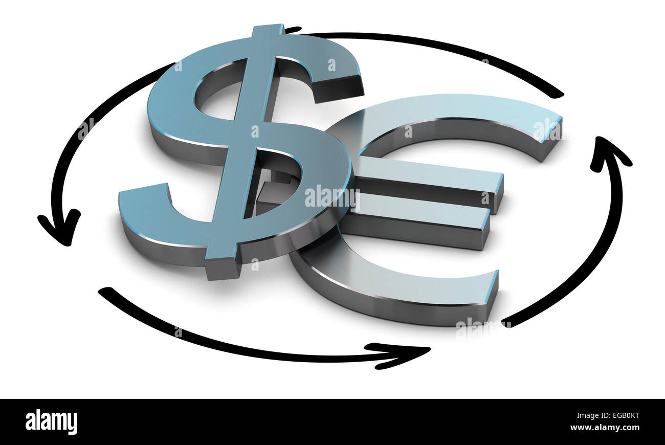 EUR e USD coppia su sfondo bianco con freccia con il simbolo di valuta Foto Stock