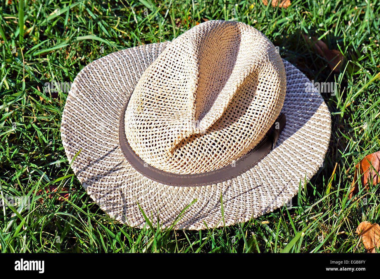 Un mans vecchio cappello di paglia che giace nell'erba. Foto Stock