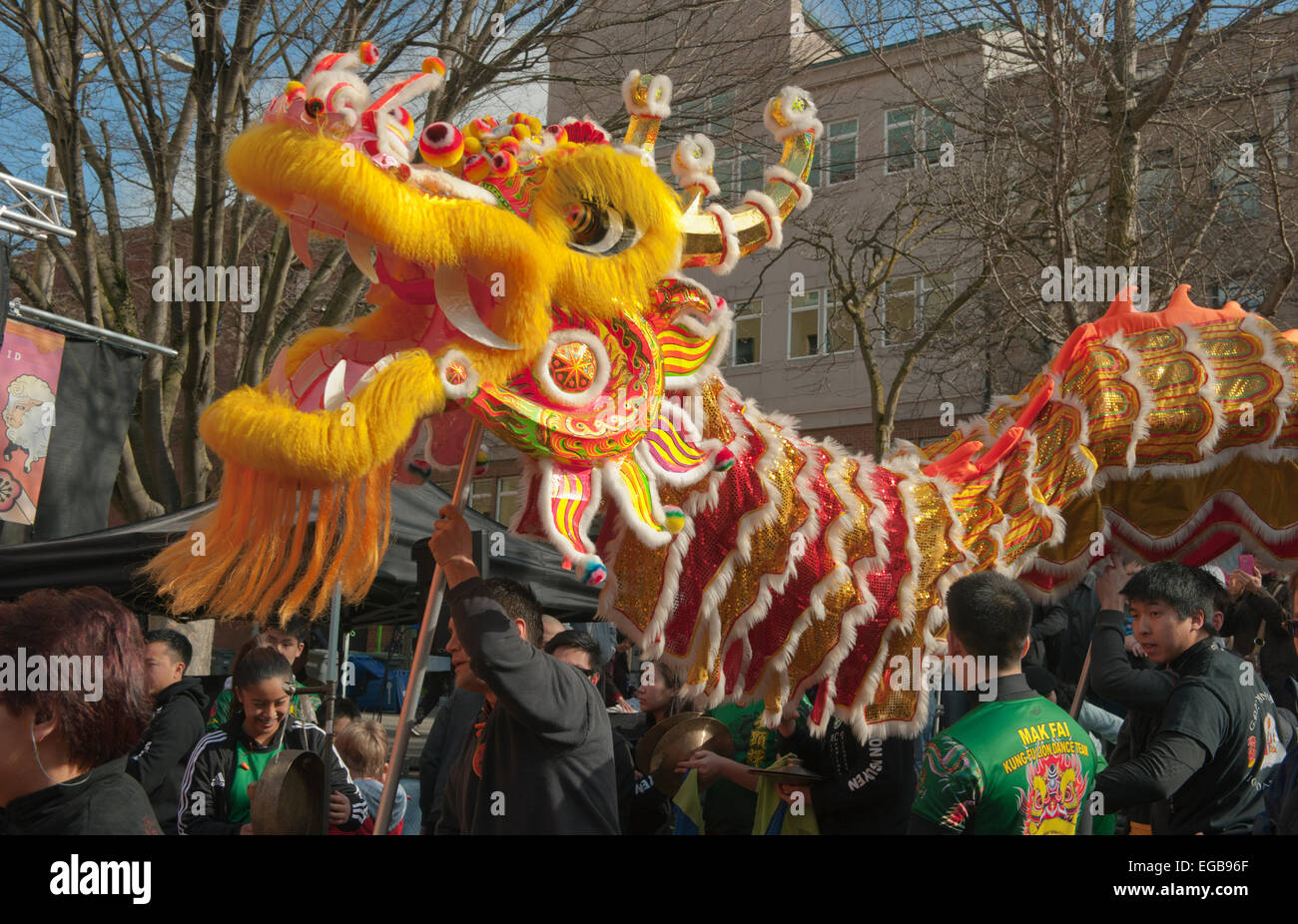 Dragon Dance, nuovo anno lunare cinese celebrazioni, Seattle, Chinatown, 21 Febbraio 2015 Foto Stock