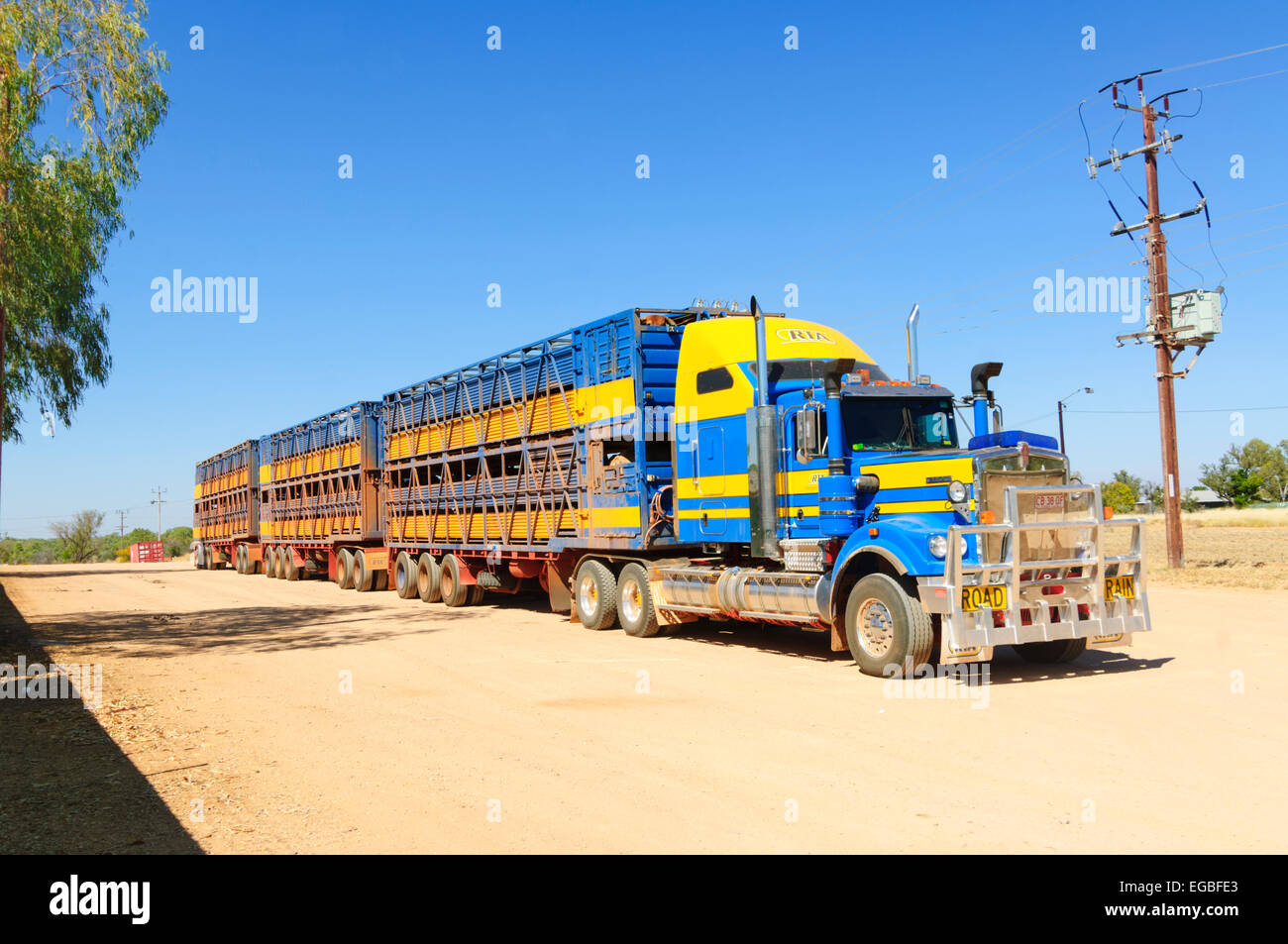 Bovini Road Train parcheggiato presso la banchina, Fitzroy Crossing, regione di Kimberley, Western Australia, WA, Australia Foto Stock