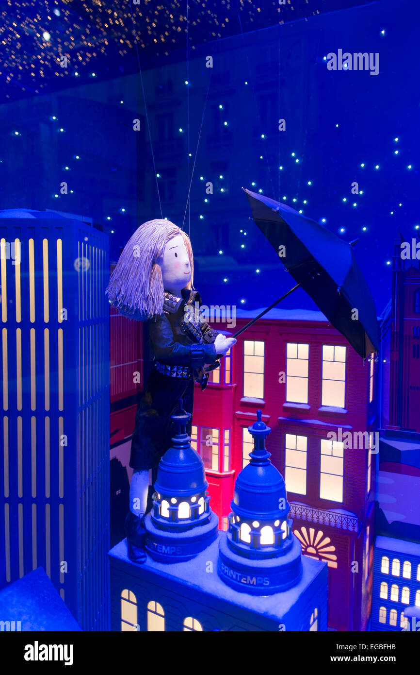 Burberry a tema nella finestra di Natale decorazioni a Au Printemps department store, Parigi Foto Stock