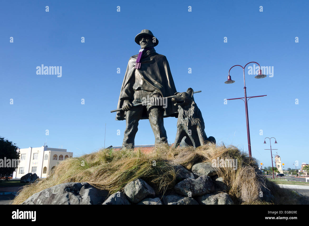 Statua di bronzo di drover e cane, Feilding, Isola del nord, Nuova Zelanda Foto Stock