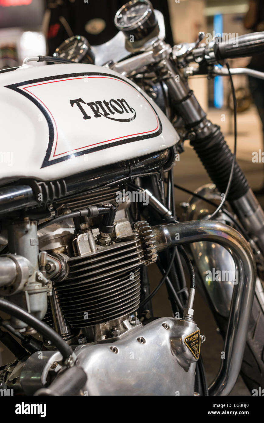 Zurigo, Svizzera. Xx Febbraio 2015. Classic Cafe Racer esposto al 'Swiss-Moto' motorcycle show di Zurigo: una rara British 'Triton' (=trionfo motore, Norton chassis) Credito: thamerpic/Alamy Live News Foto Stock