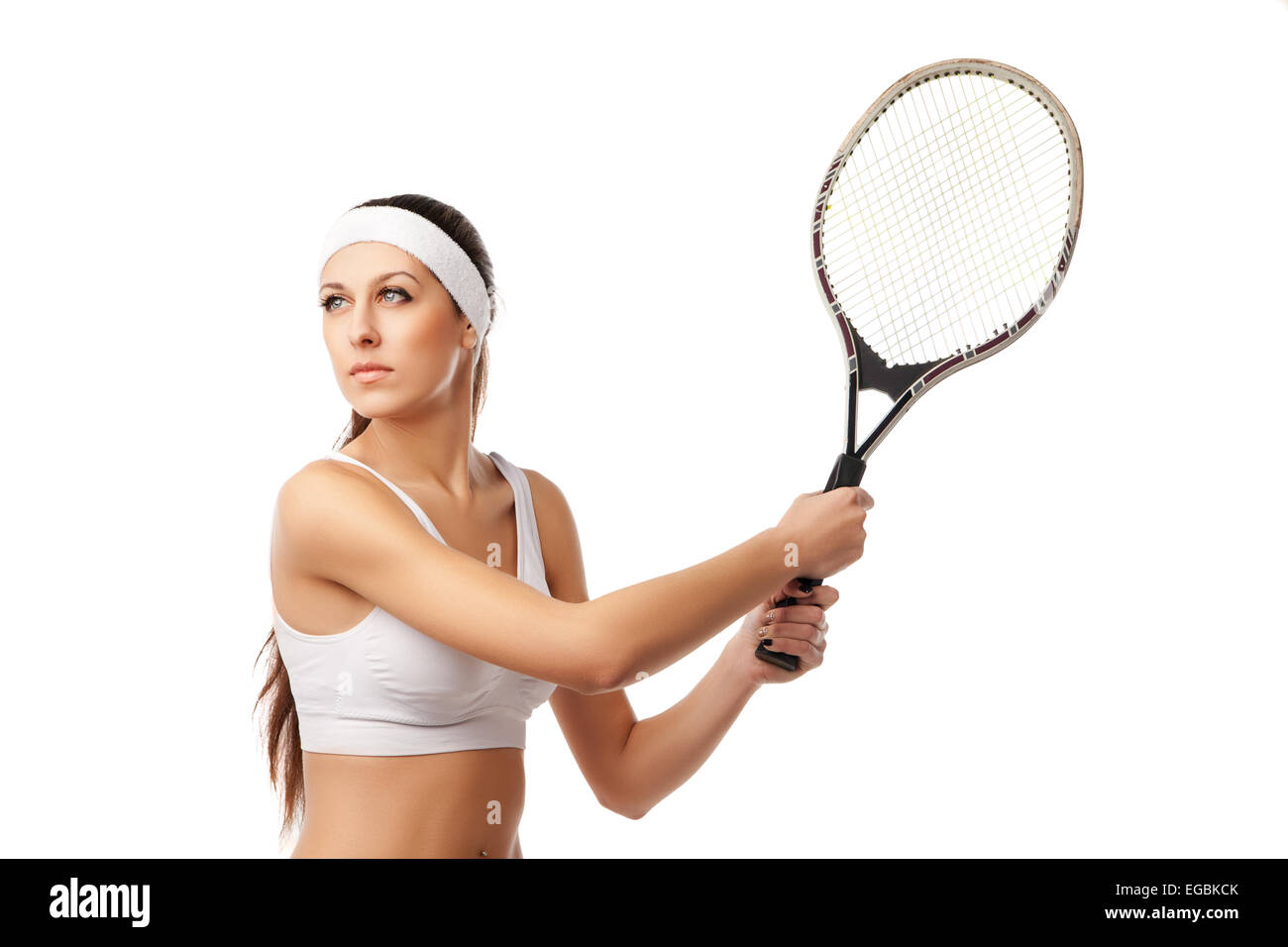 Donna adulta giocando a tennis. Foto Stock