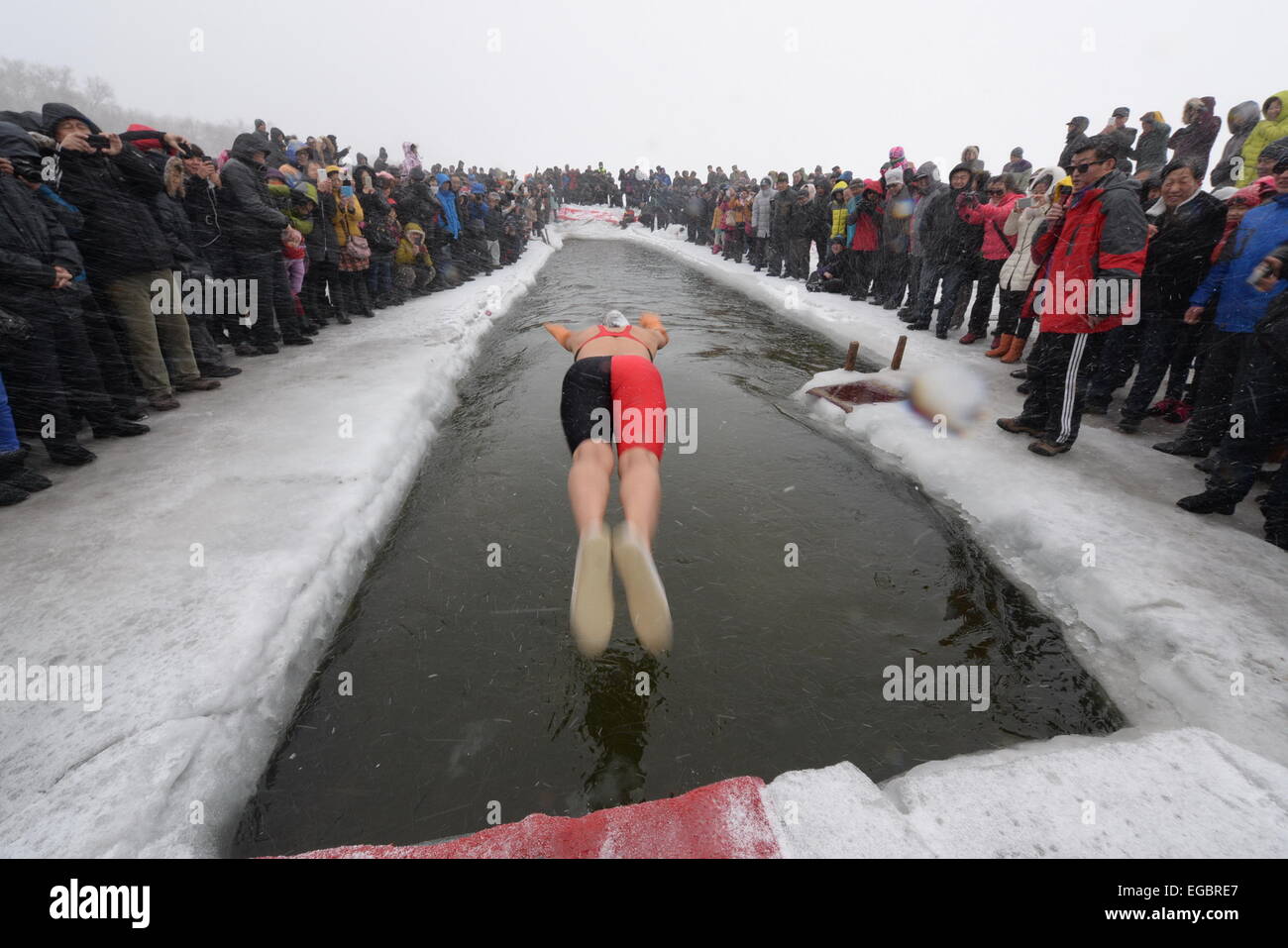 Mudanjiang, la Cina della Provincia di Heilongjiang. Il 22 febbraio, 2015. Un inverno-amatoriale di nuoto salti in acqua ghiacciata durante un inverno-evento di nuoto in Mudanjiang, a nord-est della Cina di Provincia di Heilongjiang, 22 febbraio, 2015. Più di 200 inverno-dilettanti di nuoto qui riuniti per sfidare il freddo pungente. © Zhang Chunxiang/Xinhua/Alamy Live News Foto Stock