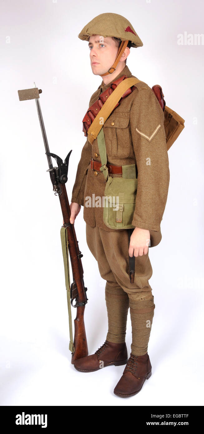 Una grande guerra come uniforme indossata da soldati britannici combattendo in trincea 1914-1918. Cavalryman smontati Foto Stock