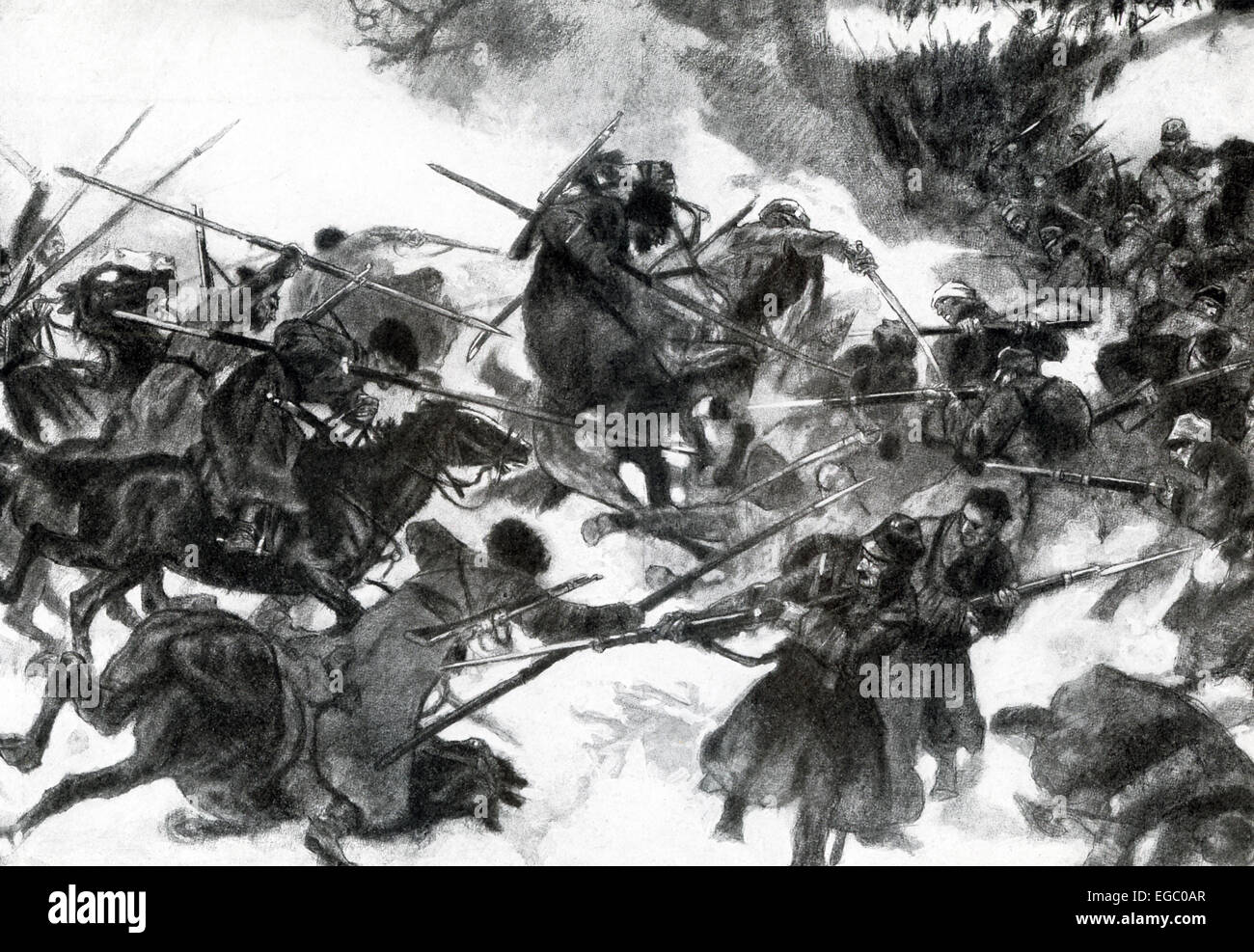 In questa illustrazione 1917, cosacchi sono mostrati scontrandosi con Cavalleria austriaca durante la guerra mondiale I. Verso la fine del 1914, la Russia distribuito cosacchi a combattere sul fronte occidentale contro il tedesco e le truppe austro-ungarico. Dall estate del 1915, l'esercito russo era in piena ritirata. Foto Stock