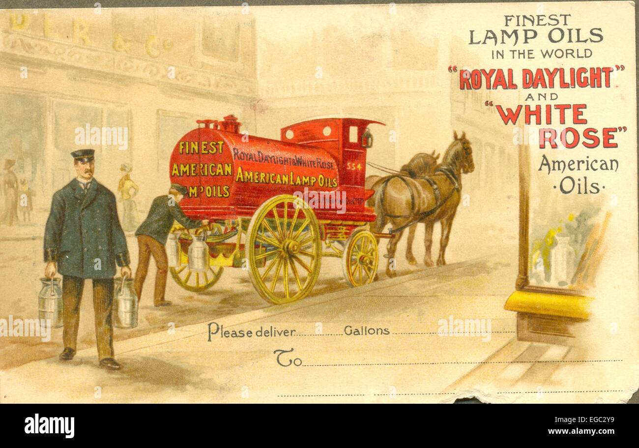 Cartolina pubblicitaria per 'Royal Daylight' e 'White Rose' American oli. Foto Stock