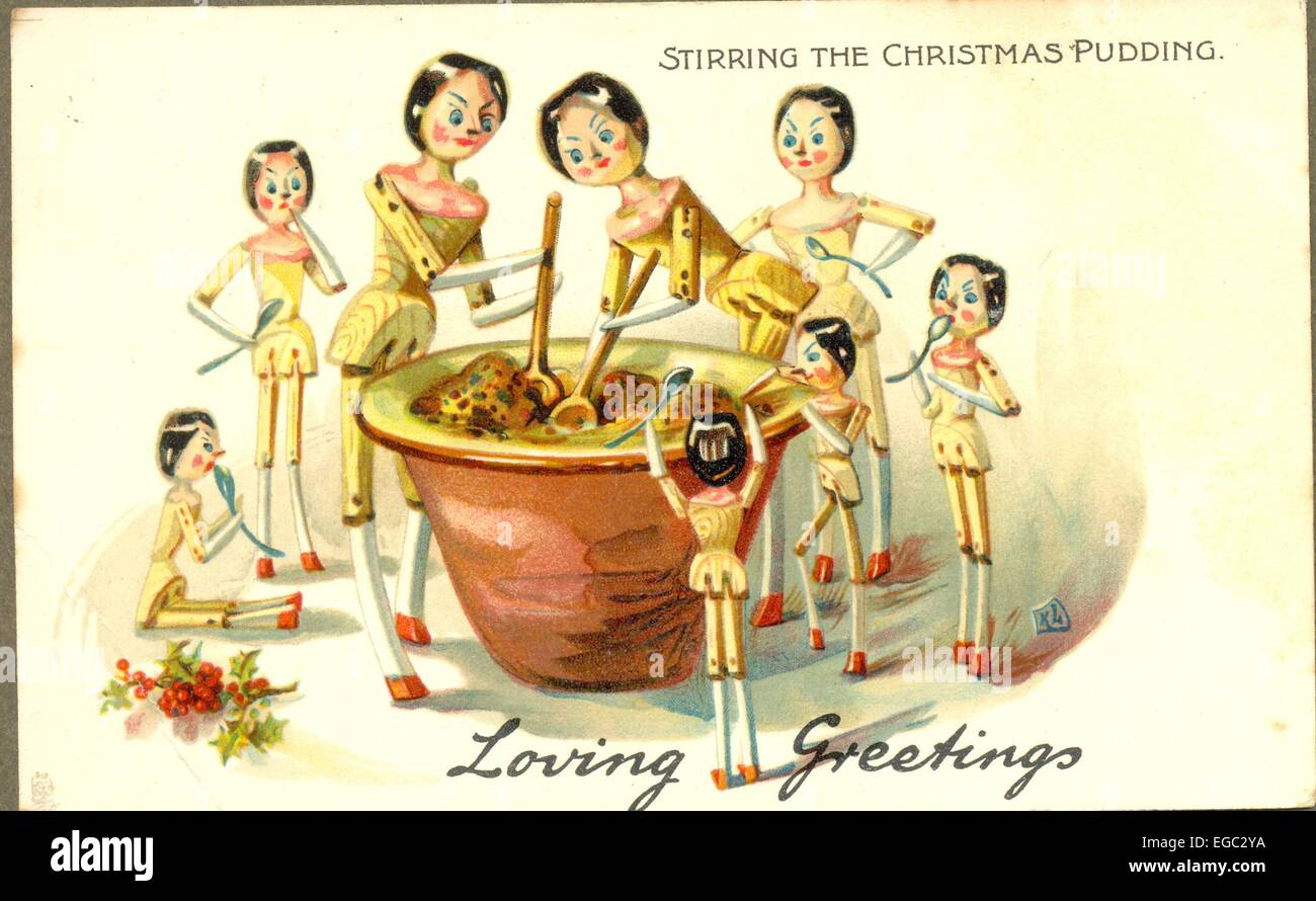 Cartolina di Natale pubblicato da Raphael Tuck intitolato "tirring il budino di Natale' Foto Stock