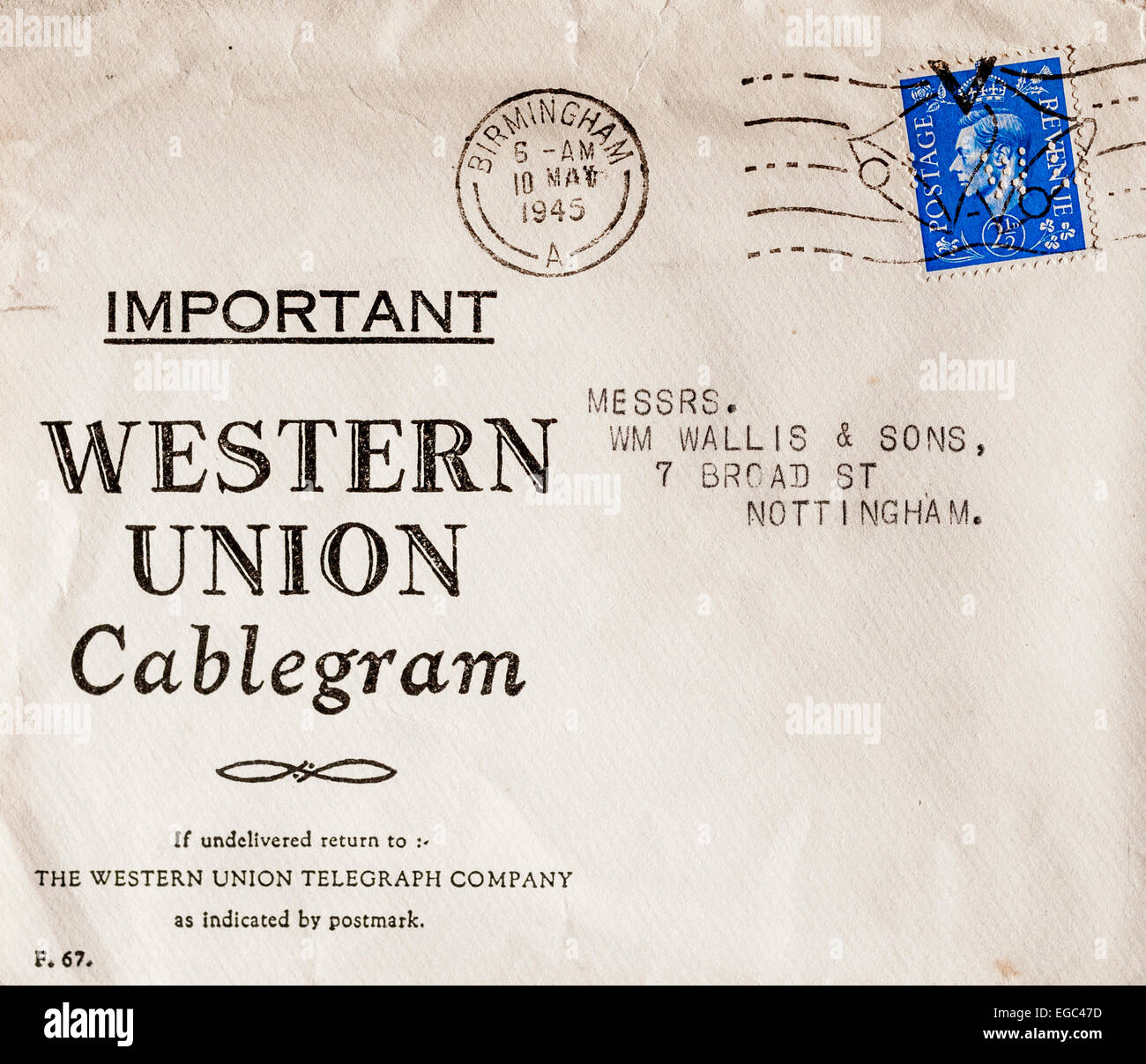 1945 "Western Union" telegramma / cablegram busta - REGNO UNITO. Foto Stock