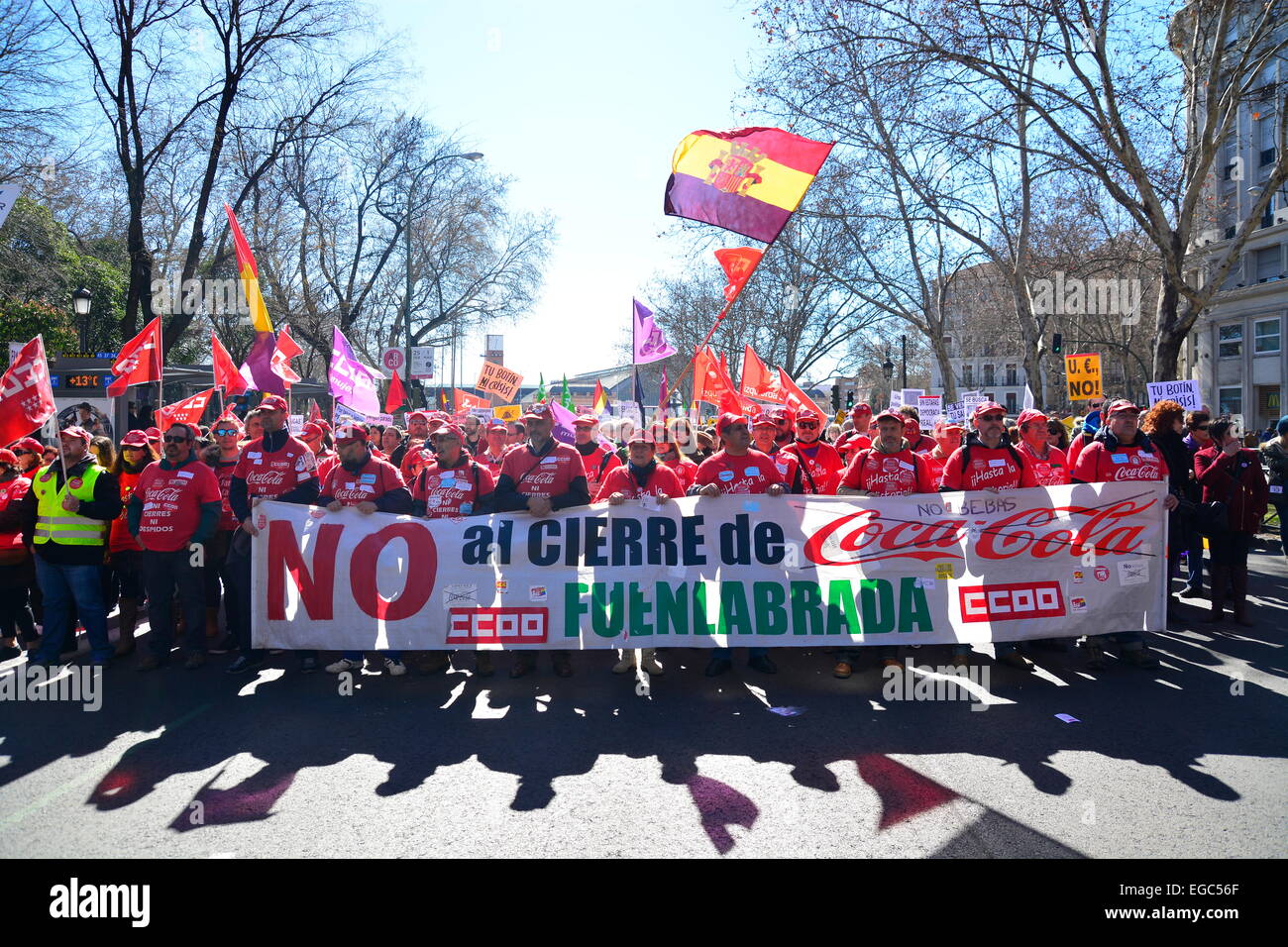 Coca Cola lavoratori protesta contro la chiusura di un impianto a Fuenlabrada, nel corso di una manifestazione a Madrid. 22nd, febbraio 2015. Spagna. Credito: Marcos del Mazo/Alamy Live News Foto Stock