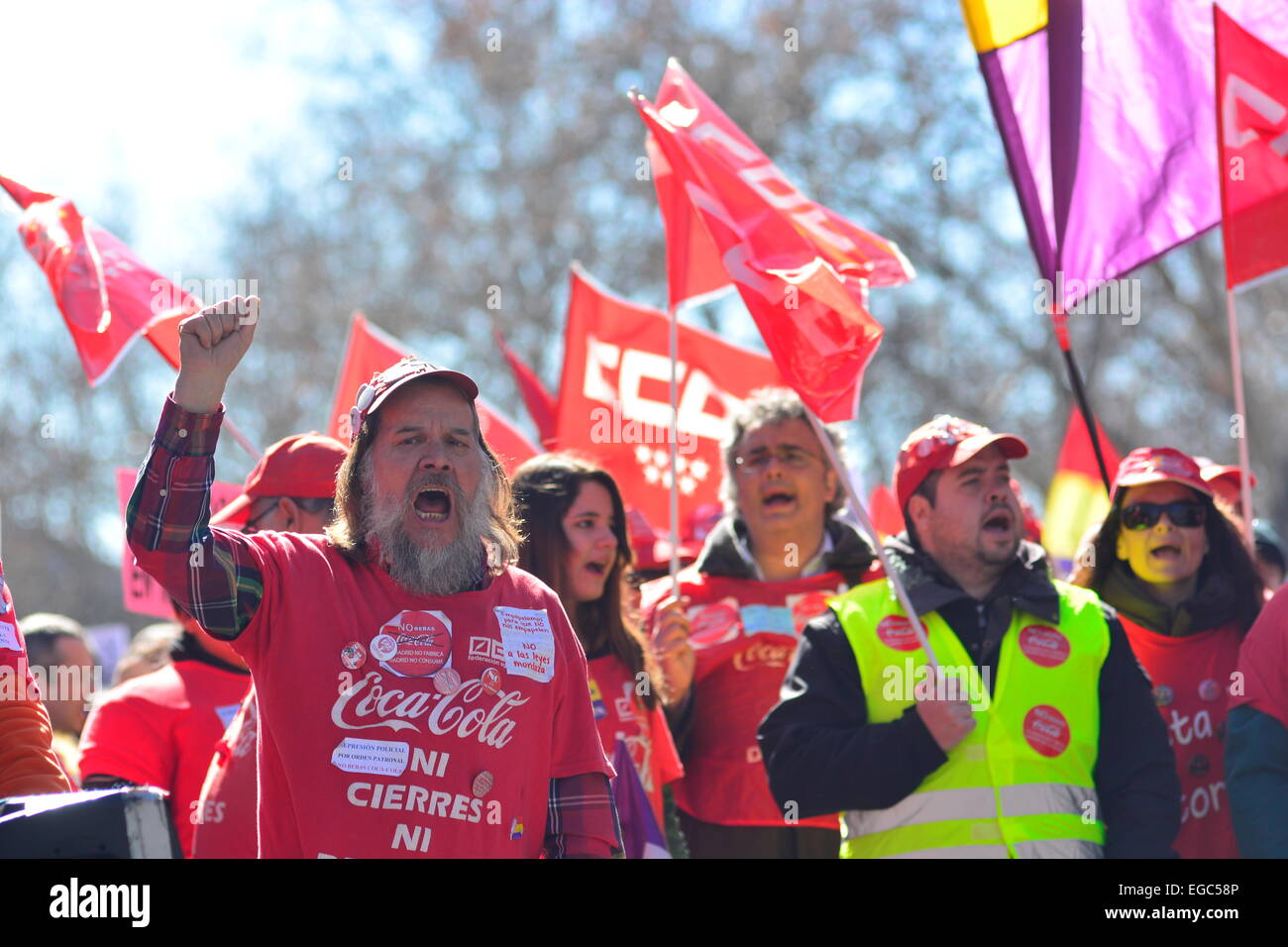 Coca Cola lavoratori protesta contro la chiusura di un impianto a Fuenlabrada, nel corso di una manifestazione a Madrid. 22nd, febbraio 2015. Spagna. Credito: Marcos del Mazo/Alamy Live News Foto Stock