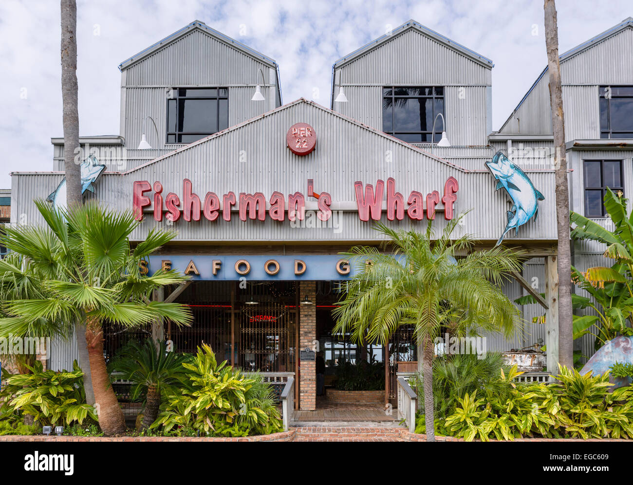Fisherman Wharf Restaurant presso il Molo 22 sul lungomare, Galveston,Texas, Stati Uniti d'America Foto Stock