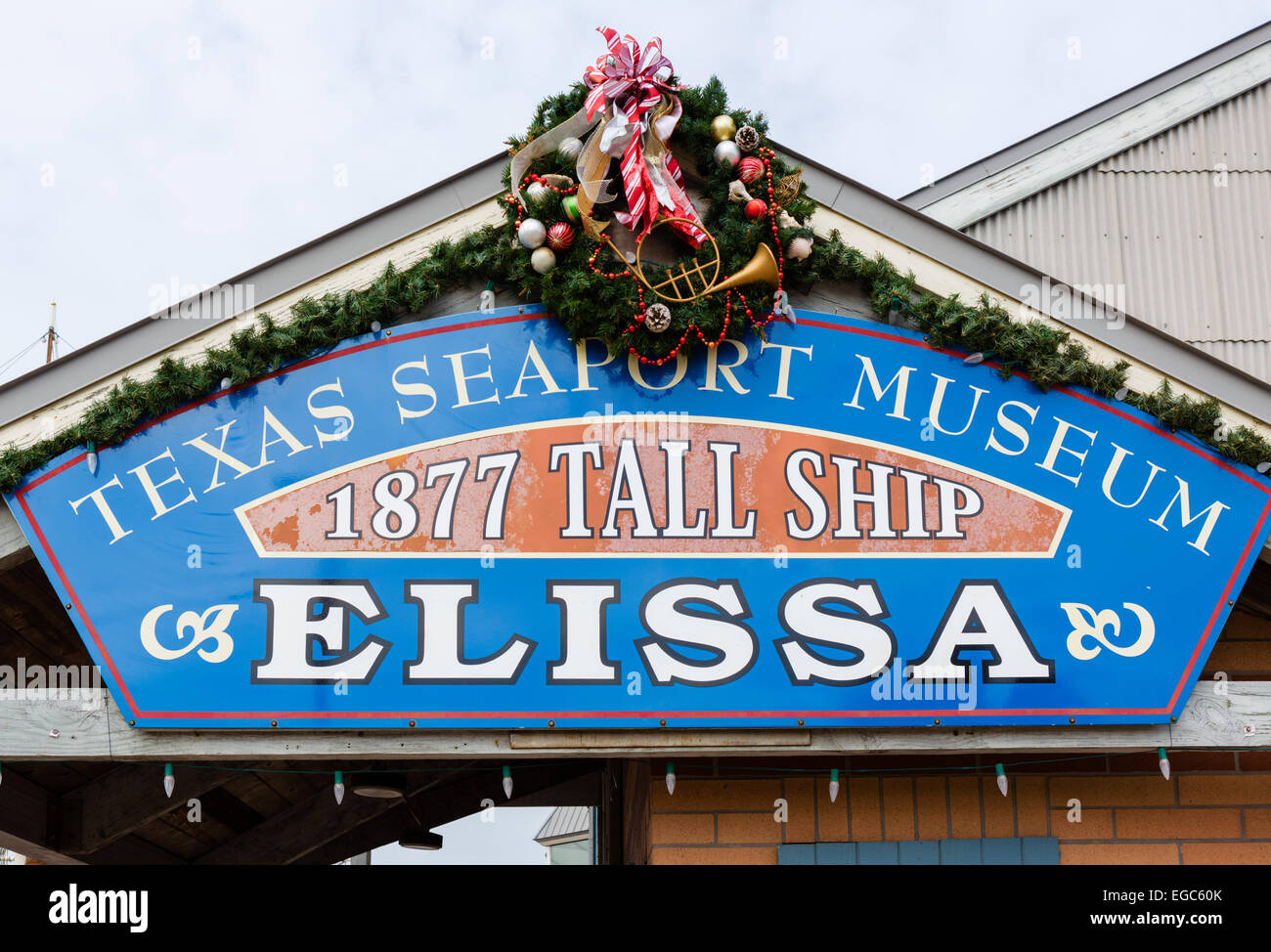 Segno per la storica tall ship Elissa al Texas Seaport Museum, Strand Landmark distretto storico, a Galveston, Texas, Stati Uniti d'America Foto Stock