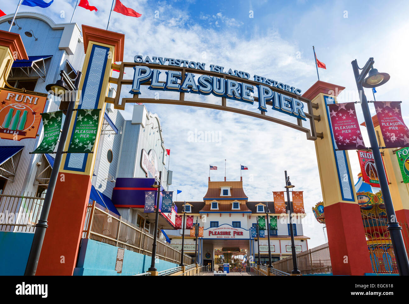 Galveston Island historic piacere Pier, Galveston, Gulf Coast, Texas, Stati Uniti d'America Foto Stock