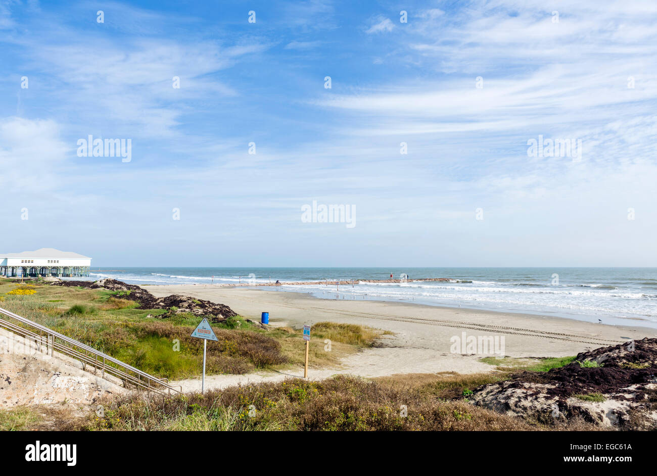 Galveston spiaggia vicino al piacere del molo, Galveston, Gulf Coast, Texas, Stati Uniti d'America Foto Stock