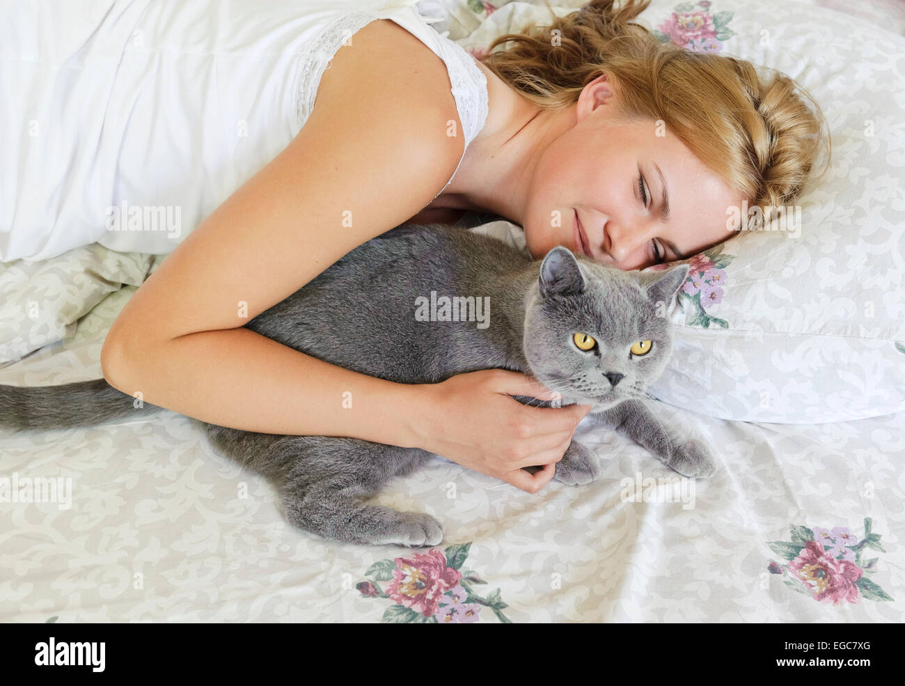 Giovane bella donna con Britannico gatto sul letto Foto Stock